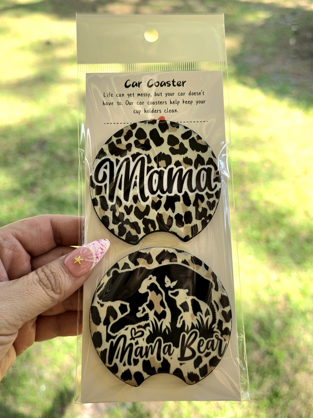 Mama Leopard Print Car Coaster Set - Black & Cream